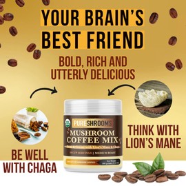 PureShrooms Focus & Create Mushroom Coffee with Chaga & Lion’s Mane. for All-Day Thrive, Energy, Focus, Stress Relief, Digestion, & Immunity, Low Caffeine Coffee Substitute (100 Grams)