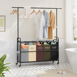 Tajsoon Laundry Sorter Cart with Hanging Rack, 5 Section Laundry Hamper, 246L (65 Gal.) Laundry Basket with Wheels, Laundry Sorter Butler with Adjustable Hanging Bar, 5 Colors