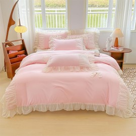 MOOWOO Chic Lace Bedding with Lovely Bow-Romantic Ruffle Duvet Cover Set, 3 Piece Comforter Duvet Cover with Zipper Closure, French Princess Style,Coquette Room Decor-Pink,Queen Size
