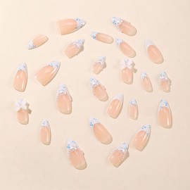 Press on Nails Almond Medium Length-Glossy Full Cover Acrylic French False Nails with Bow Pearl Spot Designs Artificial Pointed Almond Fake Nails with Charms Glue on Fingernails for Women Girls