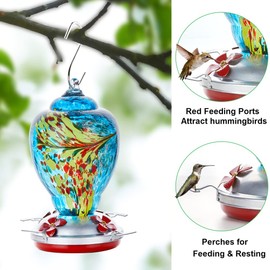 WOSIBO Hummingbird Feeder for Outdoors Patio Large 32 Ounces Colorful Hand Blown Glass Hummingbird Feeder with Ant Moat Hanging Hook, Rope, Brush and Service Card (Blue)