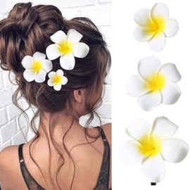 Hawaiian Flower Hair Clips,Artificial Tropical Flower Hairpins,3pcs Foam Plumeria Clips for Women Girls White Yellow Floral Hairpins for Bridal Wedding Party Beach Vacation Hair Accessories