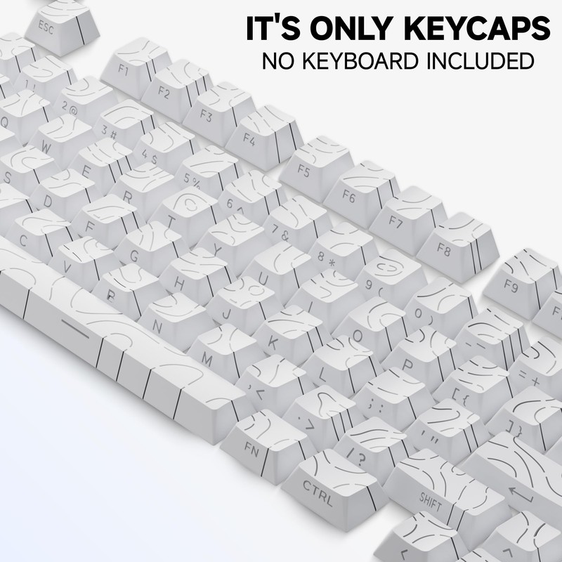 White Topographic PBT Keycaps,97 Key Caps Set Side Printed,No Tear