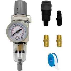 ANPTGHT 1/4" NPT Compressed Air Filter Regulator Combo Piggyback with Gauge Bracket 5 Micron Brass Element Poly Bowl Semi-Auto Drain Metal Bracket 0-150 PSI Gauge AW2000-N02A