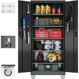 Aobabo Garage Storage Cabinet with Door Pegboard,Lockable Metal Storage Cabinet with 5 Adjustable Shelves for Garage Home,Required Assembly,Black