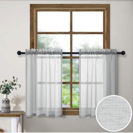 Light Gray Sheer Tier Curtains 24 Inch Length for Kitchen 2 Panel Rod Pocket Semi Transparent Short Bathroom Window Curtain Linen Look Cafe Curtains for Door Window Classroom 30x24 Long Silver Grey