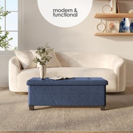 Storage Ottoman Bench with Bins, 43-in Storage Bench for Bedroom End of Bed, Folding Foot Rest Ottoman for Living Room Max 660lbs, Faux Leather Ottomans, Blue