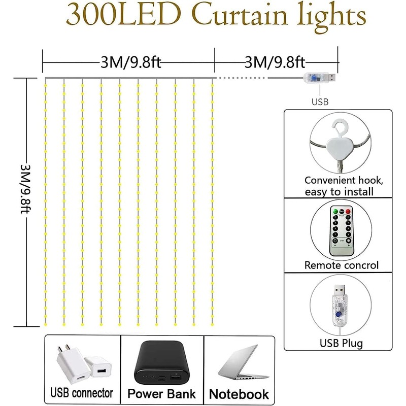 Lezonic Curtain String Light Waterproof, 3m×3m 300LED 8 Modes Remote