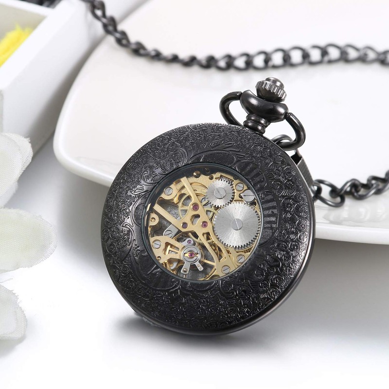JewelryWe Mens Hollow Pocket Watch Mechanical Movement Classic Retro Roman