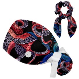 Regro Embroidery Ocean Octopus Scrub Caps Surgical Women with Button Adjustable Hats Surgical Caps with Scrunchie for Women
