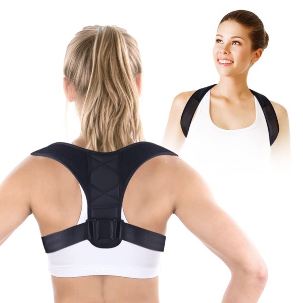 Posture Corrector for Men and Women, Fully Adjustable Spine and Back Support, Breathable Back Brace, Comfortable Clavicle Straightener, Pain Relief for Neck, Back, Shoulders, Black