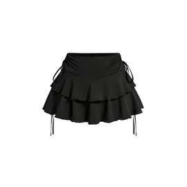 PRSFPN Women's Y2k Mini Ruffle Skirts with Shorts Tiered Layers Cute Elastic Waist Coquette Skort Drawstring Side Bow Tie (US, Alpha, X-Small, Regular, Regular, Black)