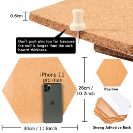 Whaline Large Size Hexagon Cork Board Tiles with Full Sticky Back, Wall Bulletin Boards Pin Board with 40 Push Pins for Pictures, Photos, Drawing