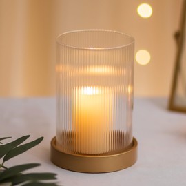 Hewory Ribbed Hurricane Candle Holder: Gold Votive Candle Holders Glass Hurricane with Metal Candle Plate for Mantel, Pillar Candle Holder for Table Centerpiece Christmas Wedding Holiday Home Decor