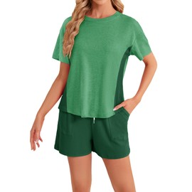 YAHESHION Women's Cozy Pjs Set Green Summer Pajama Set with Jogger Pants Soft 2 Piece Sleepwear Short Sleeve Loungewear Sets for Women XXL