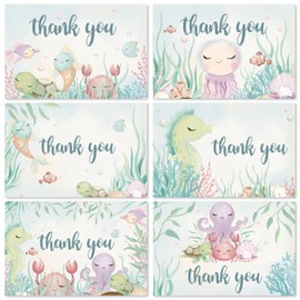 AnyDesign 36 Pack Sea Animal Thank You Cards Bulk Watercolor Cute Ocean Creatures Note Cards with Envelopes Stickers Funny Cartoon Blank Greeting Cards for Birthday Baby Shower, 4 x 6 Inch