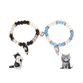 Fuqimanman2020 2 Pcs Cat Bracelet Cute Cat Kawaii Kitten Bead Bracelet Couple Matching Animal Charm Bracelets BFF Friendship Bracelet-black grey