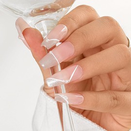 Sethexy French Long Coffin Pink False Nails Handmade Pearl Glitter Fake Nails Acrylic Glossy Press On Nails Hand-painted Stick On Nails Sparkle Salon Quality Nail Art Removable for Women and Girls(U)