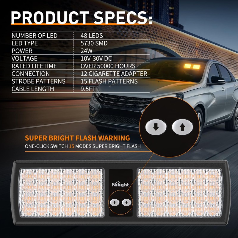 Nilight Amber 48LED Visor Strobe Lights Interior Windshield Emergency Warning