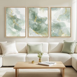 Large Framed Sage Green Abstract Wall Art for Living Room, 3 Piece Green and Gold Canvas Prints Paintings Artwork for Walls, Modern Minimalist Pictures for Hallway Stair Office Wall Decor 24x36 In