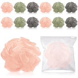 Funnymoom 12 Pcs Travel Size Loofah Individually Wrapped, Small Shower Puff Bath Sponge Pouf Ball Bulk Mesh Bath Puff Mini Loofah Sponge with Case Bulk for Shower Care (25g,Morandi Color)
