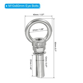 PATIKIL M10x60mm Extended Eye Bolts Pack of 2 304 Stainless Steel Shoulder Anchor Eye Bolt Screw with Eye Ring for Concrete Brick Walls Canopy Engineering Rigging Silver Tone