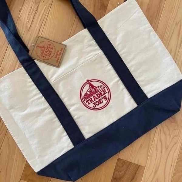 Trader Joes Large Tote Shopping Bag Cotton Canvas Embroidered Bag