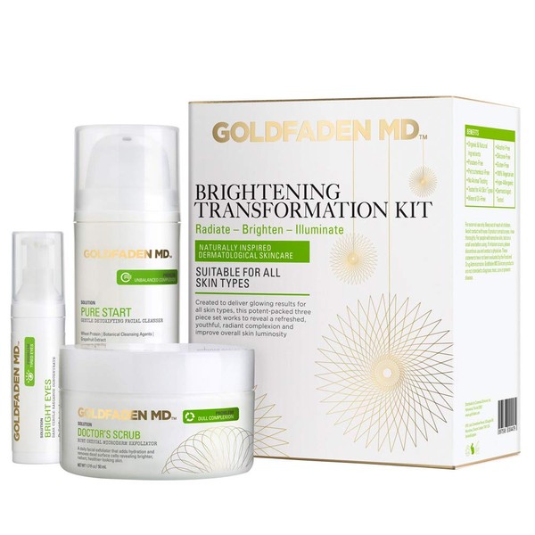 GOLDFADEN MD Brightening Transformation Kit | Advanced Skin Care Regime For Face | Includes Doctors Scrub Microdermabrasion Exfoliator, Pure Start Cleanser & Bright Eyes Eye Cream | 3 Pc Set