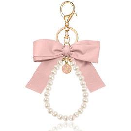 XGALBLA Pink Initial Letter Cute Bow Keychain for Women, Wristlet Simulated Pearl Key Chains Bag Charms for Car Key Handbags Backpacks Coquette Bow Keychain Accessories(Shell Letter M)
