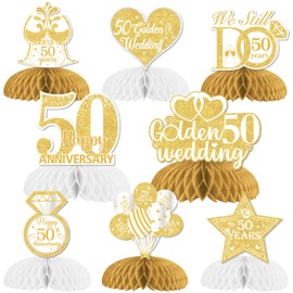 8Pcs Golden Wedding Anniversary Table Decorations, Honeycomb Centerpieces Table Toppers Cheers to 50th Wedding Anniversary Honeycomb Table Topper for Happy Anniversary Decorations Romantic