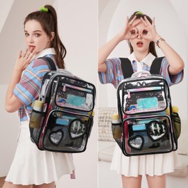 KIDNUO Clear Backpack for Girls Women Transparent Kids Elementary College School Bag Travel Laptop Backpacks Large Bookbags (Black)