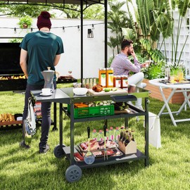 Outsunny Outdoor Grill Cart with Stainless Steel Tabletop, Three-Shelf Movable Grill Table with Wheels, Outdoor Pizza Oven Stand Serving Bar Cart Prep Table with Storage, Hooks for Patio, Backyard