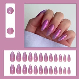 Press on Nails Almond Medium Fake Nails Purple False Nails with Aurora Chrome Design Acrylic Nails Glossy Glue on Nails Full Cover Stick on Nails Shiny Artificial Nails for Women Manicure 24Pcs
