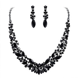 BriLove Wedding Bridal Jewelry Set for Women Austrian Crystal Marquise Cluster Collar Necklace Dangle Earrings Black Black-Silver-Tone