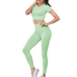 SHEKINI Seamless Tracksuit for Women 2 pcs Outfits Workout Joggers High Waist Leggings Yoga Short Sleeves Crop Tops Gym Sets
