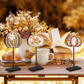 Susavivid 3 Pieces Fall Table Decor Rustic Wooden Centerpiece Standing Pumpkin Tabletop Sign Autumn Harvest Brown White and Orange Maple Leaf Text Decor for Home Kitchen Thanksgiving Party Holiday