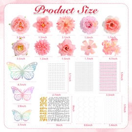 41 Pcs DIY Graduation Cap Decorations Kit with Silk Flowers, 3D Butterfly, Pink Bow, Pearl Positioning Pin, Pearl Rhinestones Sticker, Number and Letter Sticker, Cap Decor for Sublimation Grad Topper