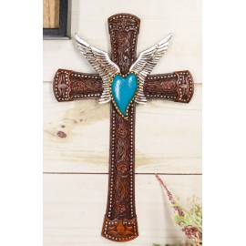 Western Boho Chic Turquoise Heart Angel Wings Tooled Floral Leather Wall Cross