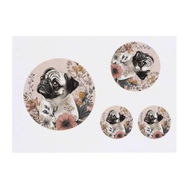4 x 'Pug with Flowers' Temporary Tattoos - Water Resistant, Skin-Safe, Non-Toxic Transfers, Mixed Sizes (TO00077978)