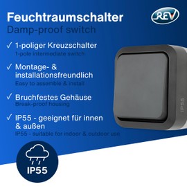 REV 0004340400 AquaStorm Multi-Way Switch – Wet Room Switch IP55, Single Pole, Surface-Mounted, Anthracite