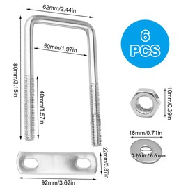 Pack of 6 U-bolts M6, U-bolts, 80 x 50 mm U bolts, 304 stainless steel U-bolt for car towing ships repair
