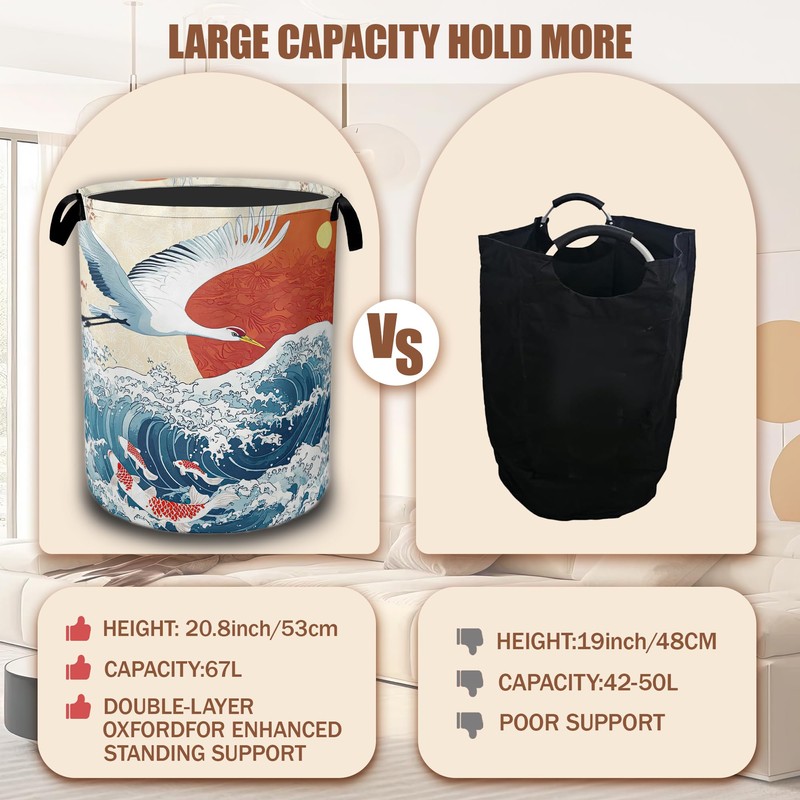White Crane Laundry Baskets,Red Sun Japanese Wave Laundry Hamper,Storage Basket