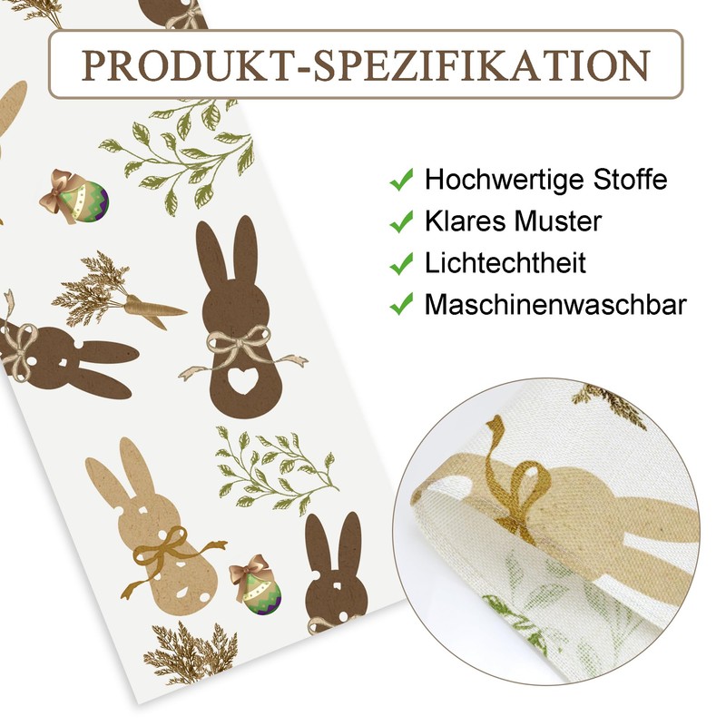 QINJIEJIE Table Runner Easter Linen Easter Rabbit Easter Egg Washable