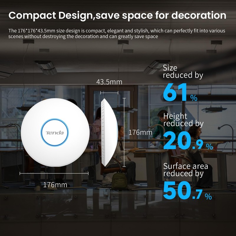 Tenda i27 AX3000 Wi-Fi 6 Ceiling Access Point, Dual-Band 2976Mbps,