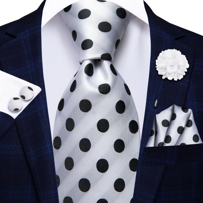 Hi-Tie Men's Tie Lapel Pin Set White Black Dots Pocket