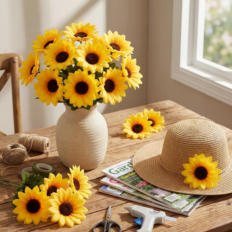 50pcs Artificial Sunflower Heads with Stems, 2.76 in Fake Sunflower