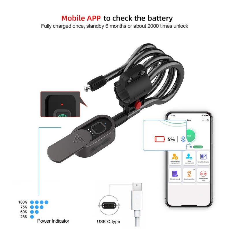 Fingerprint Bike Cable Lock, eLinkSmart 59'' Waterproof Heavy Duty Electric