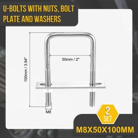 DTGN M8x50x100mm U Bolts Square Kit - 2Set - 304 Stainless Steel U-Bolt Kit with Nuts, Washers, Frame Plate - Good for DN50 Pipe, Trailer, Automotive, Leaf Spring Fastener