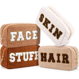 Paterr 4 Bolsas de Maquillaje con Parches Fresas de Letras de Chenilla de Navidad Bolsa de Maquillaje de Felpa de Hair Skin Face Stuff Neceser de Cosméticos Grande con Cremallera (Color Marrón Beige)