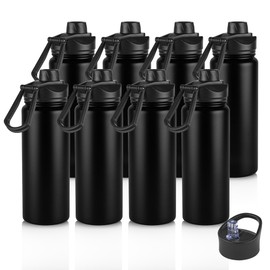 24oz Insulated Water Bottle with Straw Lid, Stainless Steel Metal Water Bottle with Straw & Wide Mouth Lid, Double Wall Vacuum Water Bottle for Hiking Camping, Black 8 Pack